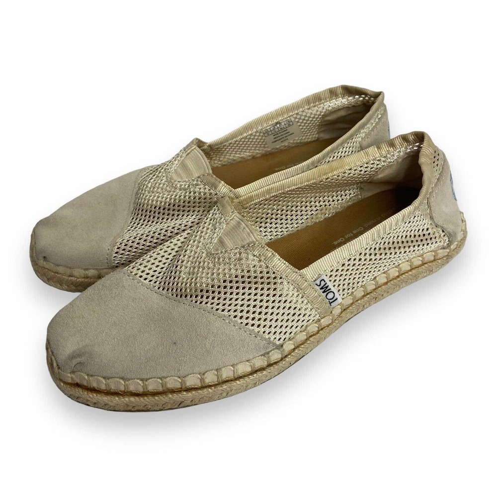 Tom’s Mesh Sides Espadrille Slip On Flats Womens Size 6 Nude Suede Casual GUC